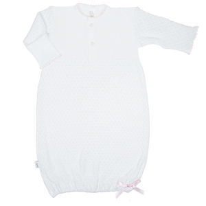 Celebrate your newborn’s arrival with the Infant Knit Placket Gown by Paty. Crafted from a soft 50/50 knit blend in classic white, this gown features delicate light blue or pink picot trim and signature Paty buttons for a charming finish. Available in Newborn and Preemie sizes, it offers a cozy, gentle fit that keeps your baby comfortable while looking adorable. Perfect for those first precious moments.