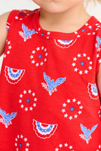 Load image into Gallery viewer, Sleeveless Polly Play Dress in Star Spangled Swag is the ultimate warm weather look for every Memorial Day cookout, Fourth of July parade, and backyard bash on the calendar! The A-line silhouette and trim neckline keep things effortlessly put-together, while the 100% Pima Cotton Knit fabric keeps her comfortable and cute no matter how long the festivities run. 

