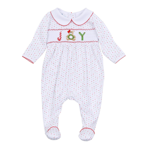 Celebrate your little one’s first holiday season with the Infant Girl's Christmas Joy Classics Smocked Footie in festive red. Made from ultra-soft 100% Pima Cotton, it’s gentle on delicate skin while keeping your baby cozy. The hand-embroidered smocked design, featuring a candy cane, teddy bear, and Christmas tree with the word “joy,” adds timeless charm. 