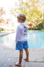 Load image into Gallery viewer, Our&nbsp;Boys Boogie Board Swim trunks in Fish Print on Marina Blue&nbsp;are made of soft, itch free fabric that boys and toddlers crave! Updated side slits and 4 way stretch fabric will provide more movement for your little guy this season! PRODOH Swim trunks are lightweight and fast drying and feature an anti chafing boxer brief liner. Side seam pockets are mesh lined so sand stays out but shells and bait stay put. Pair with a PRODOH sun protective Reef Rash Guard Swim Shirt from our boy&#39;s swimwear line o
