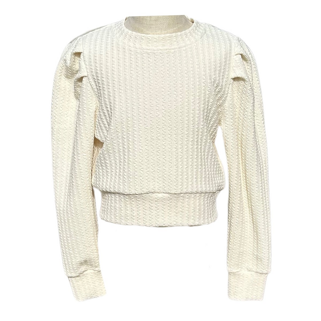 The Jane Sweatshirt Textured Cream from Pleat combines cozy comfort with stylish design, perfect for tween girls. Its soft, textured fabric and charming puff sleeves add a fashionable touch to everyday wear, making it an ideal choice for both casual outings and special occasions. Elevate her wardrobe with this versatile and trendy sweatshirt.
