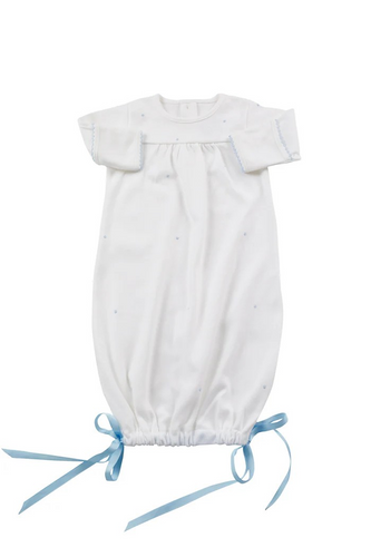 A cozy gown that looks beautiful too, our Grayson Knit Gown checks all the boxes! Simple and sweet, available in sizes newborn and 3m only. Grosgrain ribbon at hem. Elastic at bottom.