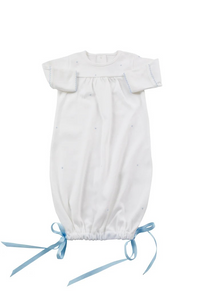 A cozy gown that looks beautiful too, our Grayson Knit Gown checks all the boxes! Simple and sweet, available in sizes newborn and 3m only. Grosgrain ribbon at hem. Elastic at bottom.