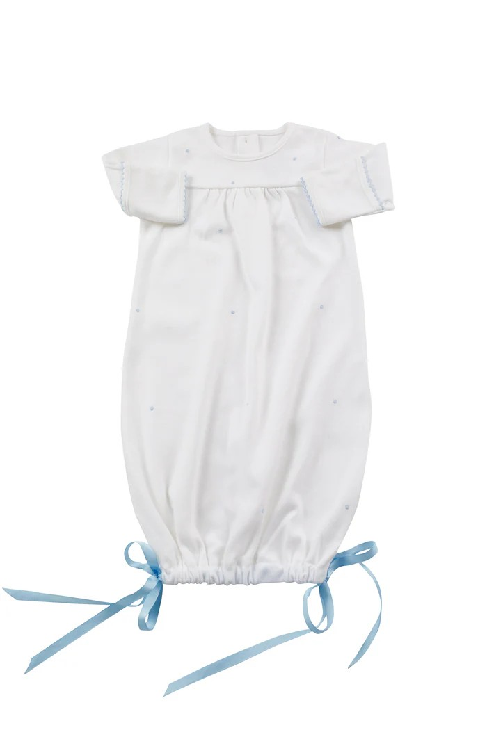 A cozy gown that looks beautiful too, our Grayson Knit Gown checks all the boxes! Simple and sweet, available in sizes newborn and 3m only. Grosgrain ribbon at hem. Elastic at bottom.