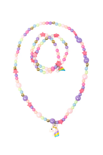 This set of jewelry is perfect for anyone who loves all things magical! It includes a muilt-coloured beaded necklace and a matching pair of bracelets. The necklace includes a sparkly unicorn charm, and the bracelets are made with a sparkly shooting star charm! This set is made in alternating sizes of pink, purple, mint green, blue, and gold beads!