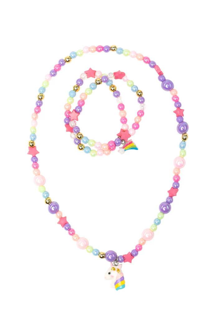 This set of jewelry is perfect for anyone who loves all things magical! It includes a muilt-coloured beaded necklace and a matching pair of bracelets. The necklace includes a sparkly unicorn charm, and the bracelets are made with a sparkly shooting star charm! This set is made in alternating sizes of pink, purple, mint green, blue, and gold beads!