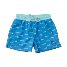 Load image into Gallery viewer, Our&nbsp;Boys Boogie Board Swim trunks in Fish Print on Marina Blue&nbsp;are made of soft, itch free fabric that boys and toddlers crave! Updated side slits and 4 way stretch fabric will provide more movement for your little guy this season! PRODOH Swim trunks are lightweight and fast drying and feature an anti chafing boxer brief liner. Side seam pockets are mesh lined so sand stays out but shells and bait stay put. Pair with a PRODOH sun protective Reef Rash Guard Swim Shirt from our boy&#39;s swimwear line o
