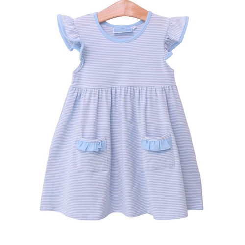 Introducing the Lucy Dress by Trotter Street Kids! This adorable everyday play dress is perfect for toddler girls. Made with soft cotton, it features a charming blue and white stripe pattern with pops of rufflle detail. Dress your little one in comfort and style.