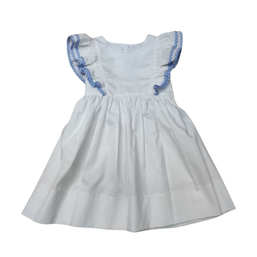 Tie back fun and fashion with Delaney's White Pique Apron Ruffle Dress for toddler girls. Featuring adorable ruffles and charming blue check details, this dress is perfect for adding a personalized touch with a monogram. Make your little one stand out in style and grab the matching girl's infant bubble for a sibling match!