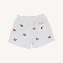 Load image into Gallery viewer, Our Critter Sheffield Shorts are just as practical as they are adorable! Featuring Worth Avenue White twill fabric with American Flag Embroidery and Richmond Red Stork, these are a must-have for Memorial Day and July 4th! Pair with the Prim &amp; Proper Navy Polo for the perfect look!!
