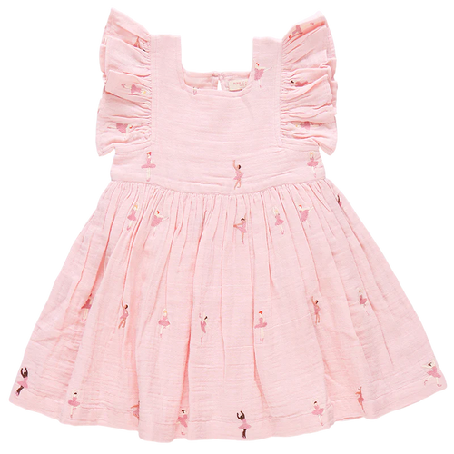First Position! Tiny dancers effortlessly pirouette, leap and arabesque across a super soft, ballet-pink, 100% cotton double cloth gauze on our Girl Elsie Dress in Ballerina Embroidery. This flock favorite shape features delicate details including a flattering square neckline, fluttery ruffled sleeves, a swingy full skirt and a sparkly glitter button back closure. 