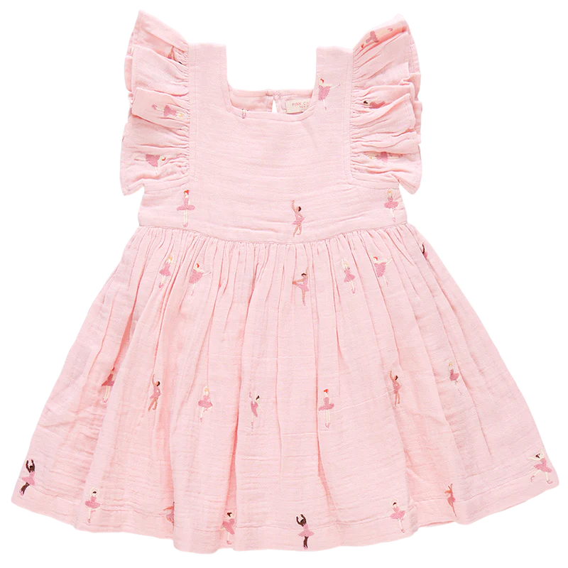 First Position! Tiny dancers effortlessly pirouette, leap and arabesque across a super soft, ballet-pink, 100% cotton double cloth gauze on our Girl Elsie Dress in Ballerina Embroidery. This flock favorite shape features delicate details including a flattering square neckline, fluttery ruffled sleeves, a swingy full skirt and a sparkly glitter button back closure. 