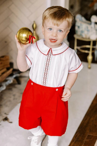 Angelica Boy Short Set from The Proper Peony. Traditional white and red for Christmas is always a proper selection! Hand-embroidered accents are sophisticated and classic. Matching sibling outfits available!