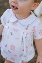 Load image into Gallery viewer, The Infant Boys Farm Life Knit Brooks Bubble from James &amp; Lottie offers a soft, cozy knit adorned with charming watercolor farm life prints. Its timeless silhouette, highlighted by a classic Peter Pan collar, makes it an adorable choice for your little boy’s fall events. Perfect for both comfort and style, this bubble outfit will quickly become a favorite addition to his seasonal wardrobe.
