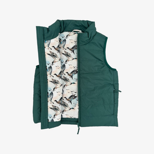 Keep your little one cozy and stylish with the Velvet Fawn reimagined Mallard Sky Green Oakley Puffer Vest, lined with the signature 