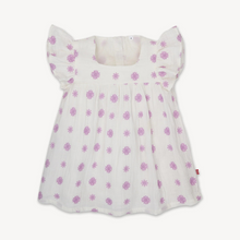 Load image into Gallery viewer, The Magnetic Me Lilac Embroidered Cotton Dress is perfectly fit for a fashionista with an empire waist and a flowy silhouette. when getting dressed presents its challenges, reach for this—magnetic closures make pulling it over the head much more manageable. crafted from 100% organic cotton, it&#39;s designed to hold up for special occasions and roughing around.&nbsp;
